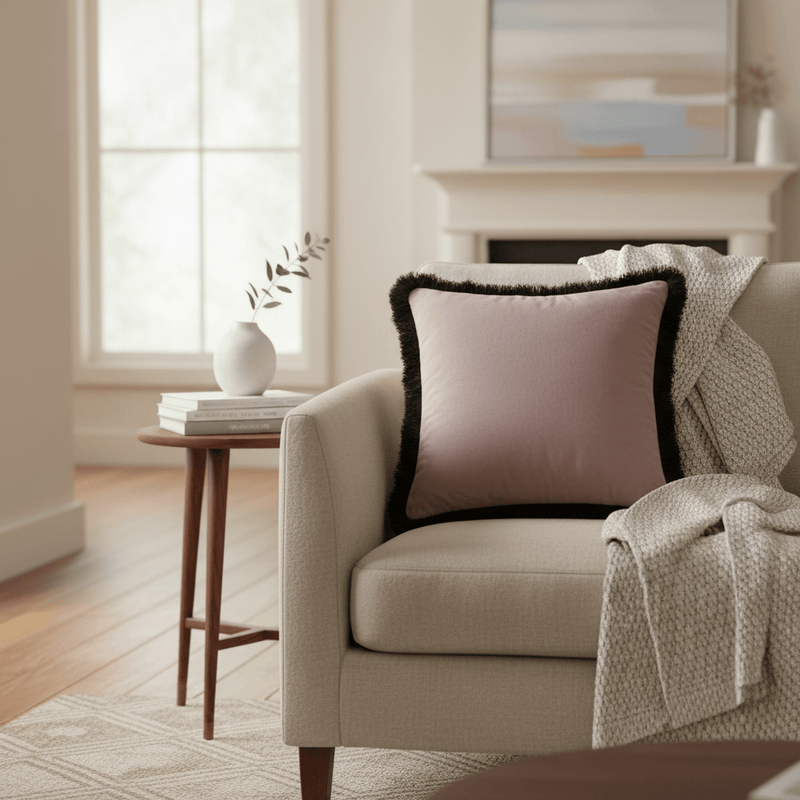 Loreto Fringed Heather Velvet Cushion by Voyage Maison