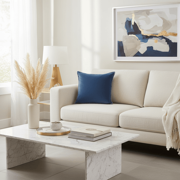STITCH EMBROIDERED FEATHER VELVET CUSHION BLUEBELL by Voyage Maison