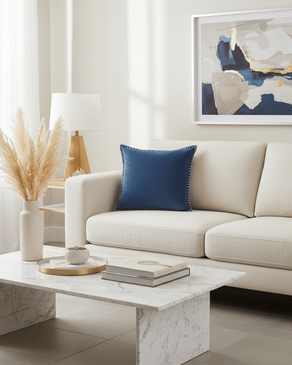 STITCH EMBROIDERED FEATHER VELVET CUSHION BLUEBELL by Voyage Maison