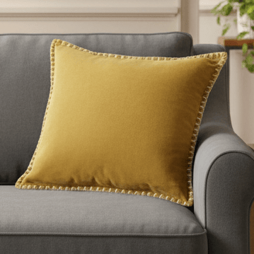 STITCH EMBROIDERED FEATHER VELVET CUSHION MUSTARD by Voyage Maison