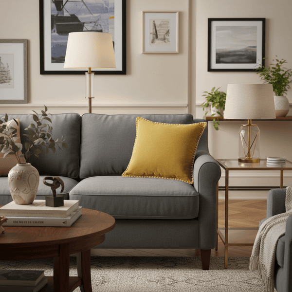 STITCH EMBROIDERED FEATHER VELVET CUSHION MUSTARD by Voyage Maison
