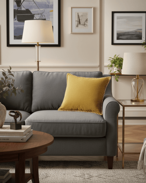 STITCH EMBROIDERED FEATHER VELVET CUSHION MUSTARD by Voyage Maison