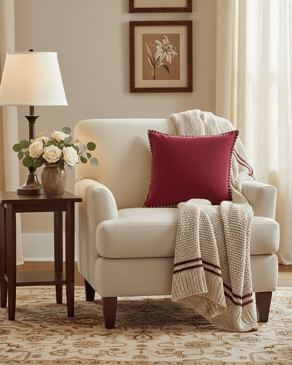 STITCH EMBROIDERED FEATHER VELVET CUSHION POMEGRANATE by Voyage Maison