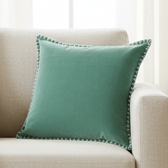 STITCH EMBROIDERED FEATHER VELVET CUSHION SEAFOAM by Voyage Maison