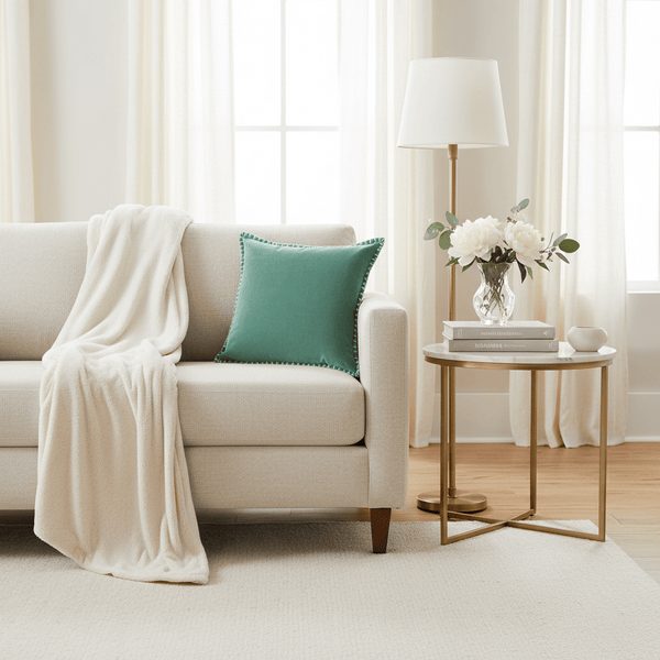 STITCH EMBROIDERED FEATHER VELVET CUSHION SEAFOAM by Voyage Maison