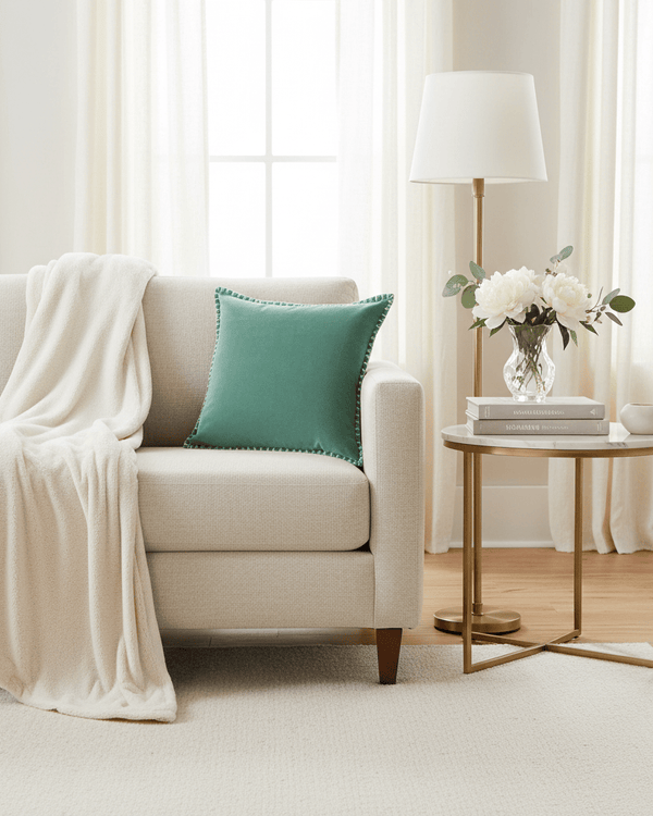 STITCH EMBROIDERED FEATHER VELVET CUSHION SEAFOAM by Voyage Maison