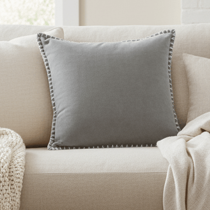STITCH EMBROIDERED FEATHER VELVET CUSHION STEEL by Voyage Maison