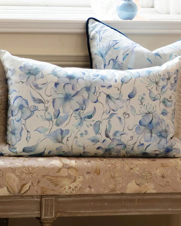 Voyage Maison Daphne Printed Ruche Fringe Cushion in Delft Blue