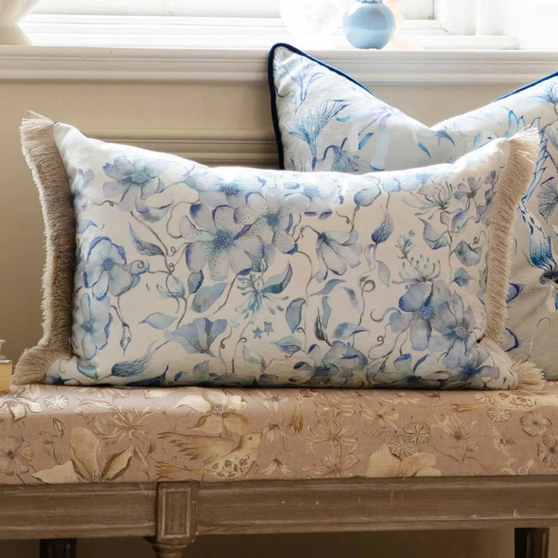 Voyage Maison Daphne Printed Ruche Fringe Cushion in Delft Blue