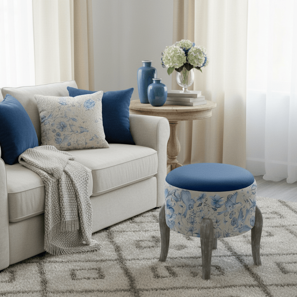 Voyage Maison (Riva Home) Voyage Maison Furniture FLOELLA PRINTED FINN FOOTSTOOL DELFT BLUE by Voyage Maison