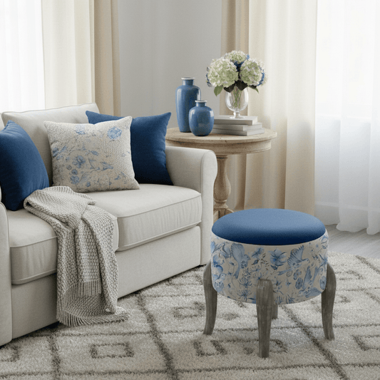Voyage Maison (Riva Home) Voyage Maison Furniture FLOELLA PRINTED FINN FOOTSTOOL DELFT BLUE by Voyage Maison