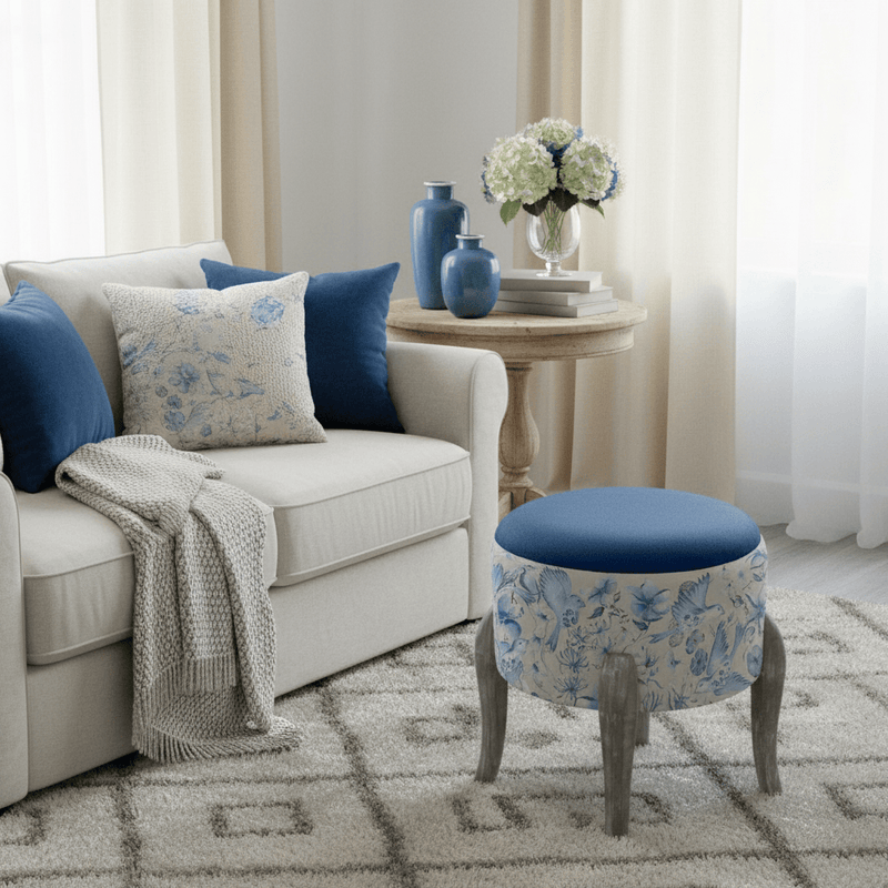FLOELLA PRINTED FINN FOOTSTOOL DELFT BLUE by Voyage Maison