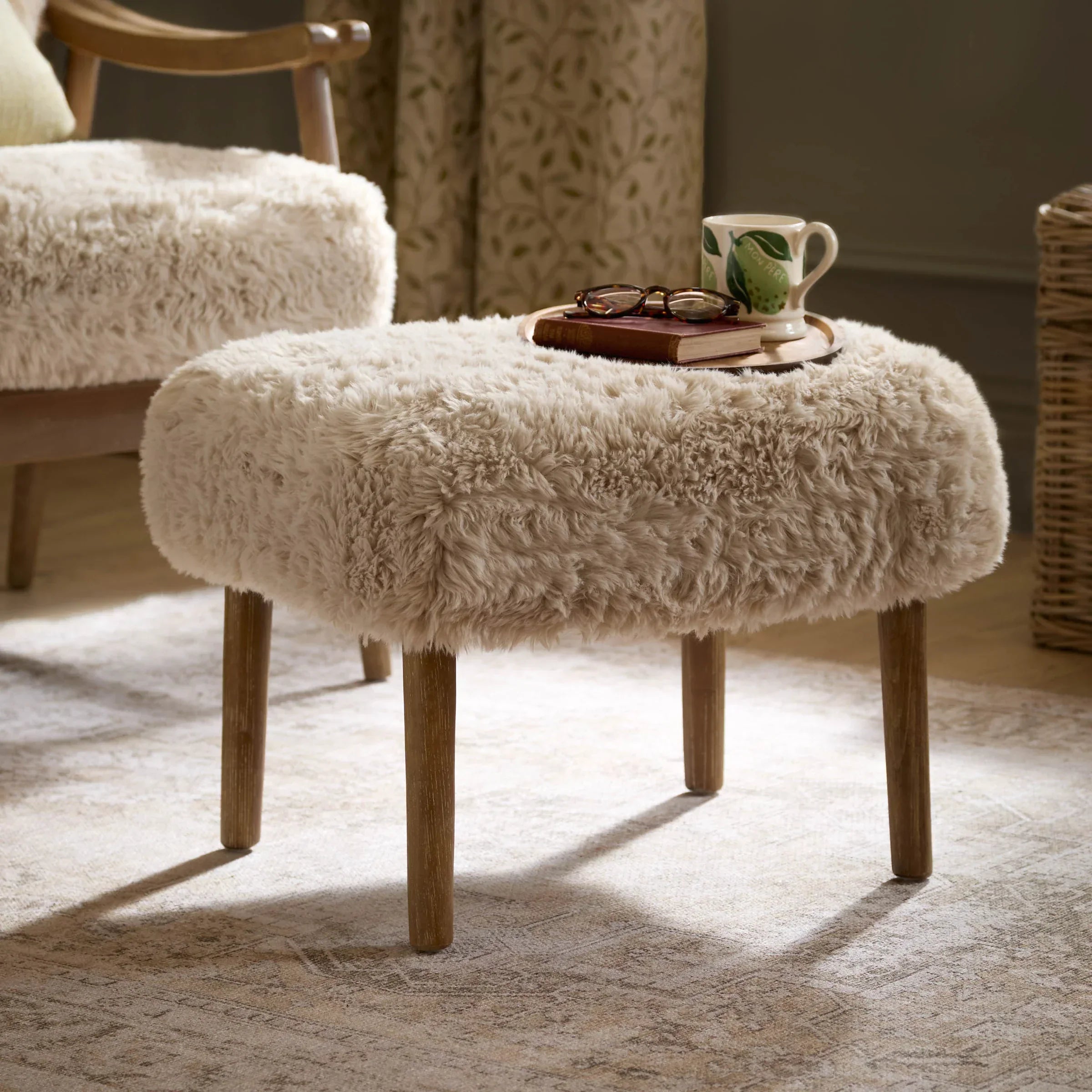 Voyage Maison (Riva Home) Voyage Maison Furniture Struan Faux Fur Armchair & Footstool Natural by Voyage Maison
