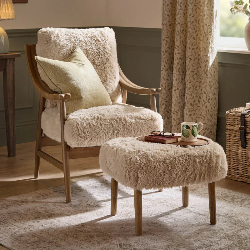 STRUAN FAUX FUR ARMCHAIR & FOOTSTOOL NATURAL by Voyage Maison