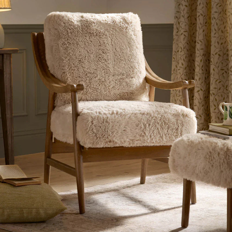 STRUAN FAUX FUR ARMCHAIR & FOOTSTOOL NATURAL by Voyage Maison
