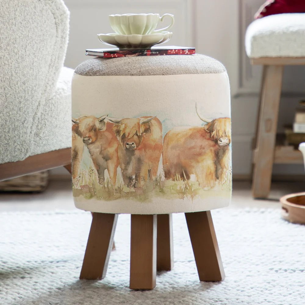 Voyage Maison (Riva Home) Voyage Maison Furniture Voyage Maison Monty Round Footstool Highland Cattle