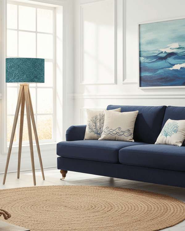 ARATUS GREY WASH TRIPOD FLOOR LAMP WITH CORESSA SHADE by Voyage Maison