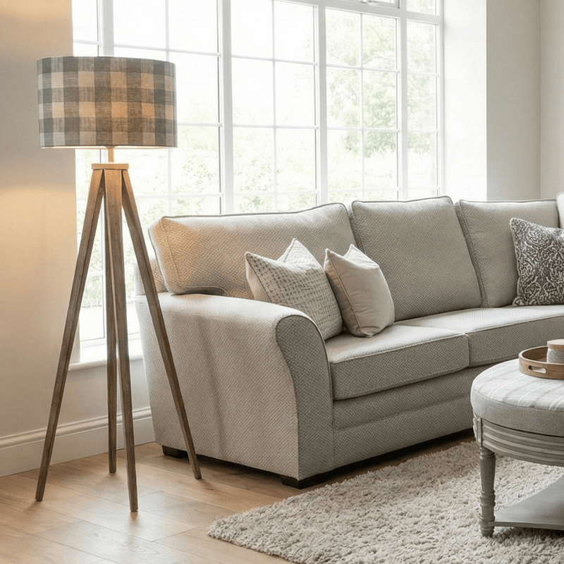 Aratus Tripod Floor Lamp with Tamar Steel Gingham Shade by Voyage Maison