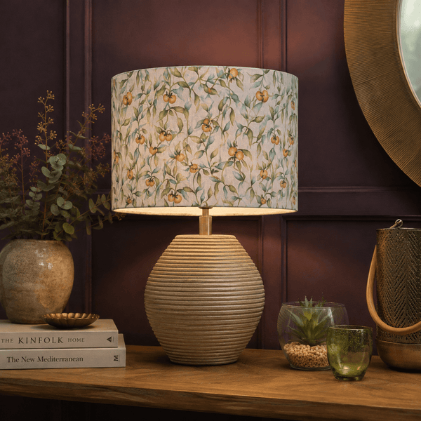 CERYS MANGO WOOD TABLE LAMP BASE IN WHITE SAND WITH AURA EVA 40CM LAMP SHADE IN MOSS by Voyage Maison