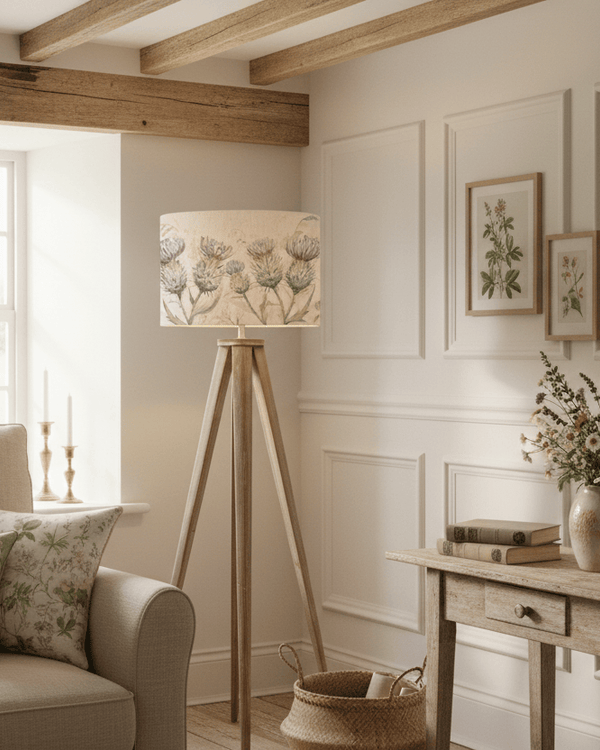 ARATUS TRIPOD FLOOR LAMP WITH THISTLE GLEN NATURAL SHADE by Voyage Maison