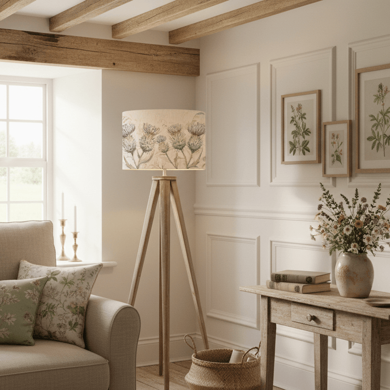 ARATUS TRIPOD FLOOR LAMP WITH THISTLE GLEN NATURAL SHADE by Voyage Maison