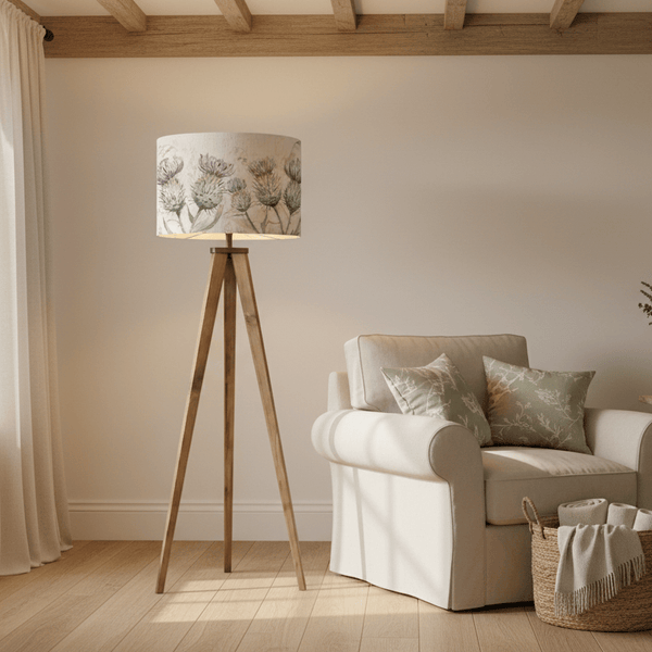 ARATUS TRIPOD FLOOR LAMP WITH THISTLE GLEN NATURAL SHADE by Voyage Maison
