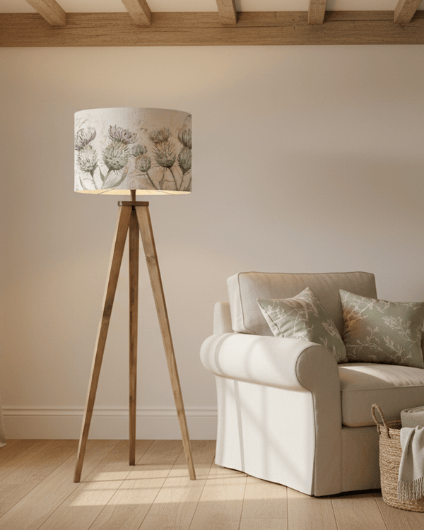 ARATUS TRIPOD FLOOR LAMP WITH THISTLE GLEN NATURAL SHADE by Voyage Maison