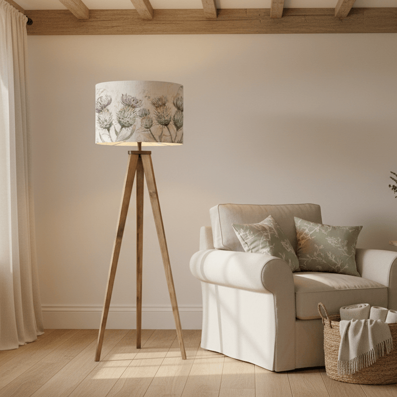 ARATUS TRIPOD FLOOR LAMP WITH THISTLE GLEN NATURAL SHADE by Voyage Maison