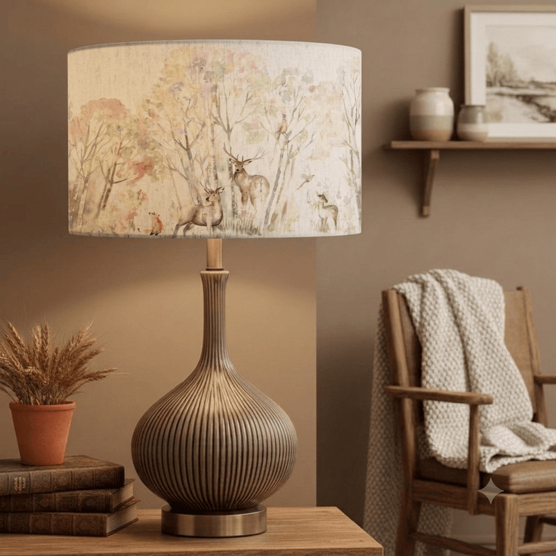 URSULA TABLE LAMP BASE SILVER STONE & ENCHANTED FOREST EVA LAMP SHADE BUNDLE by Voyage Maison