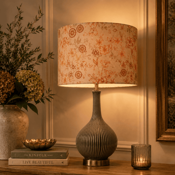 URSULA TABLE LAMP BASE SILVER/STONE & PHILIPA EVA 40CM PRINTED LAMP SHADE PRIMROSE by Voyage Maison