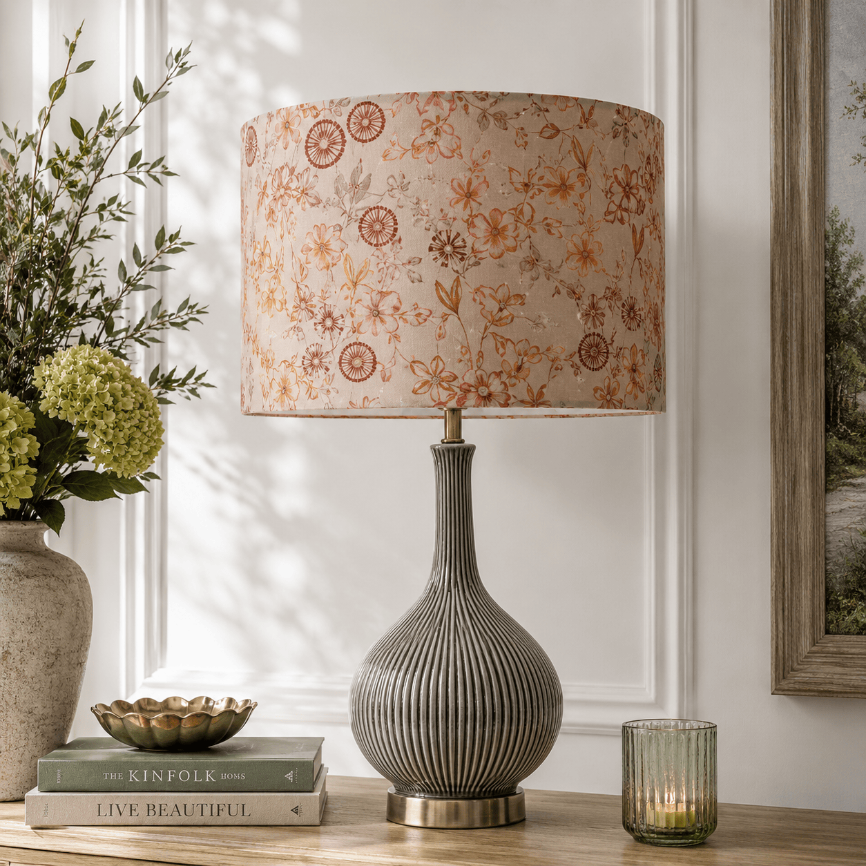 Voyage Maison (Riva Home) Voyage Maison Lamp Bundle URSULA TABLE LAMP BASE SILVER/STONE & PHILIPA EVA 40CM PRINTED LAMP SHADE PRIMROSE by Voyage Maison
