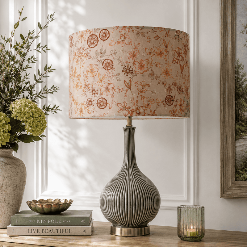 URSULA TABLE LAMP BASE SILVER/STONE & PHILIPA EVA 40CM PRINTED LAMP SHADE PRIMROSE by Voyage Maison