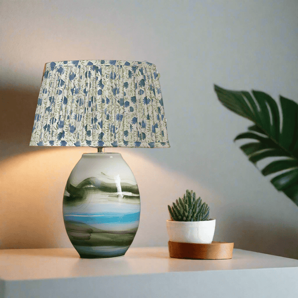 Voyage Maison Elai Pleated Tapered Printed Lamp Shade Denim & Juruena Lamp Base Bundle