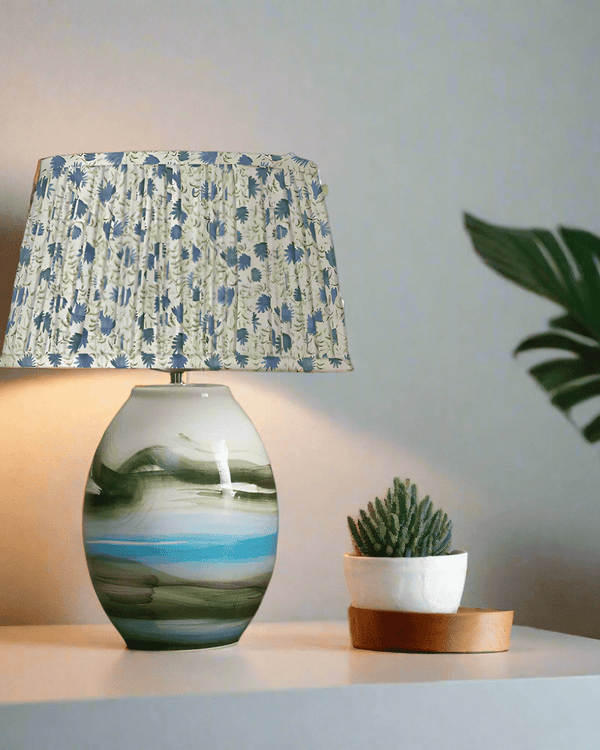 Voyage Maison Elai Pleated Tapered Printed Lamp Shade Denim & Juruena Lamp Base Bundle