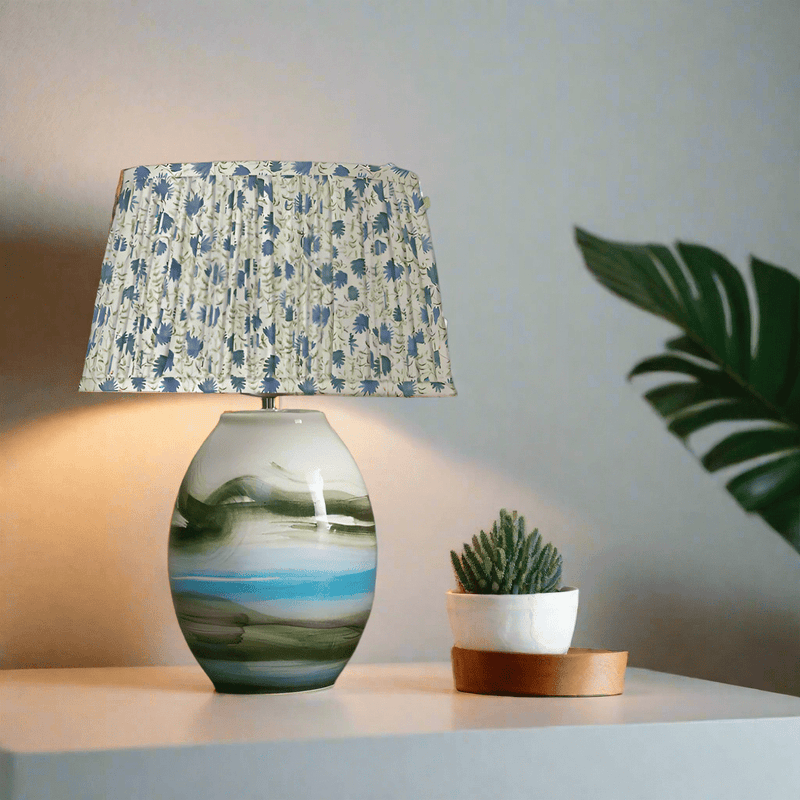 Voyage Maison Elai Pleated Tapered Printed Lamp Shade Denim & Juruena Lamp Base Bundle