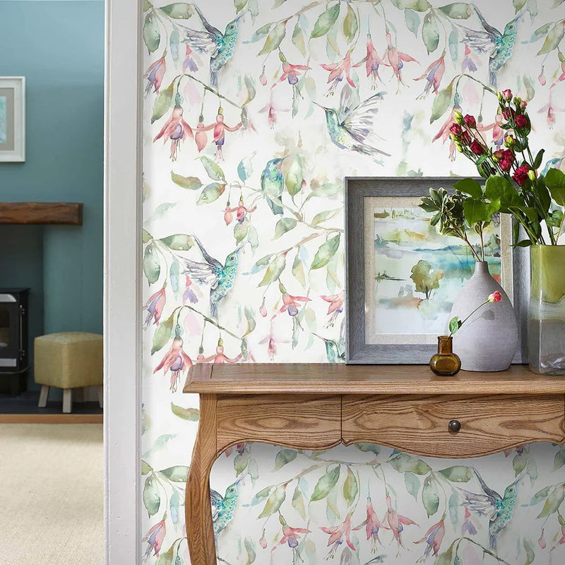 FUCHSIA FLIGHT 1.4M WIDE-WIDTH WALLPAPER CREAM by Voyage Maison