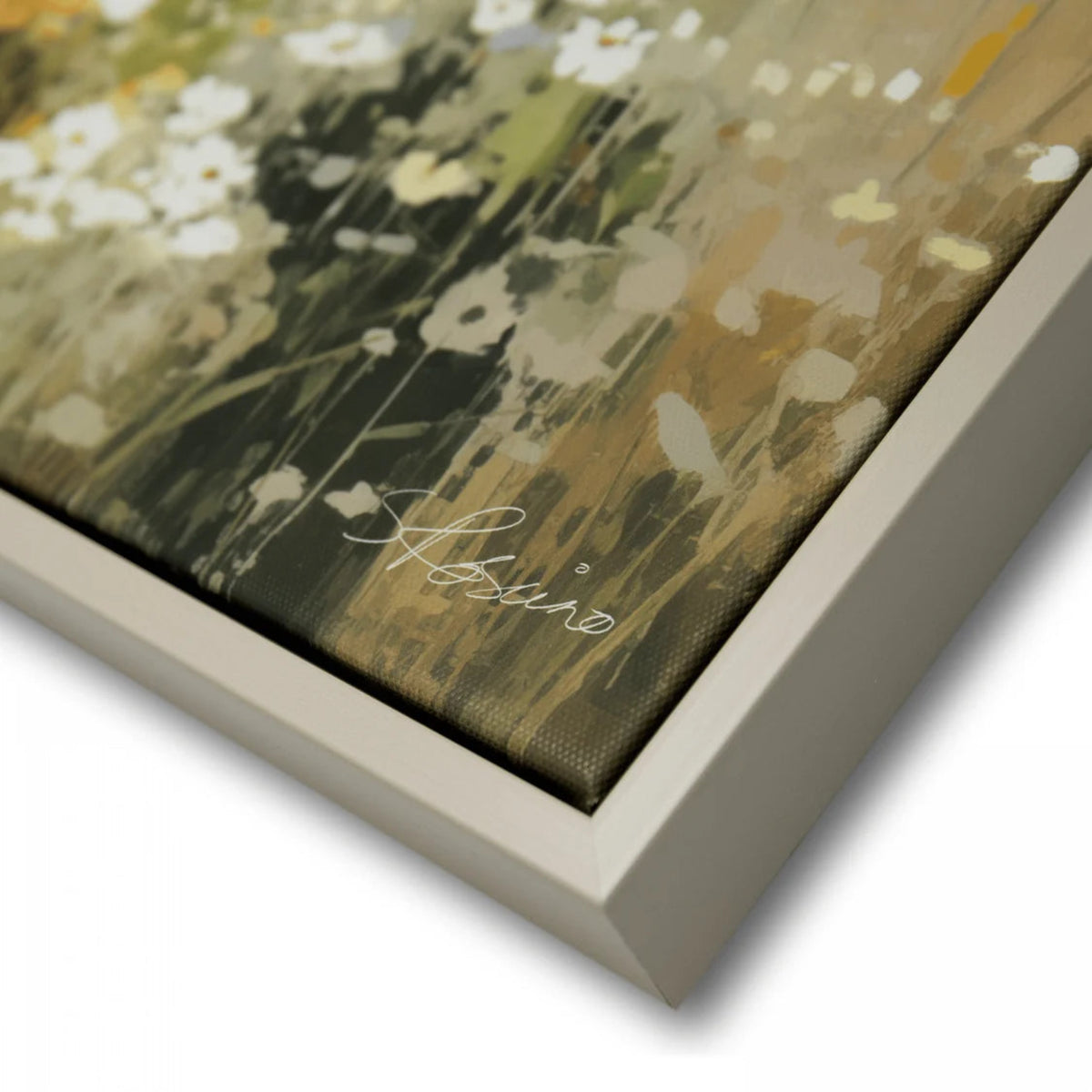 Framed artwork of a floral scene with a signature on a white background
