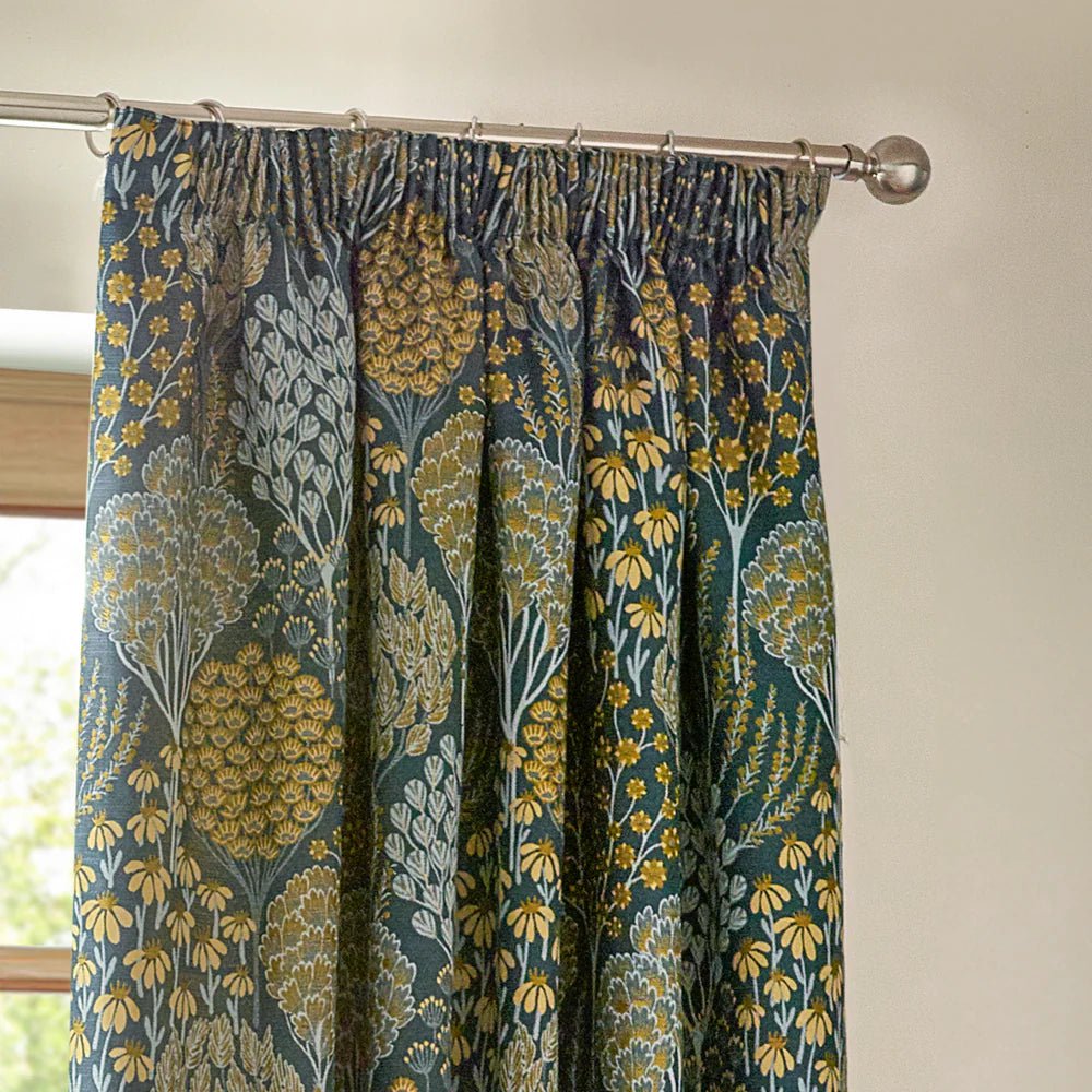 Wylder Curtains Ophelia Floral Jacquard Pencil Pleat Curtains in Blue/Saffron - 229 x 229cm (90 in x 90in)