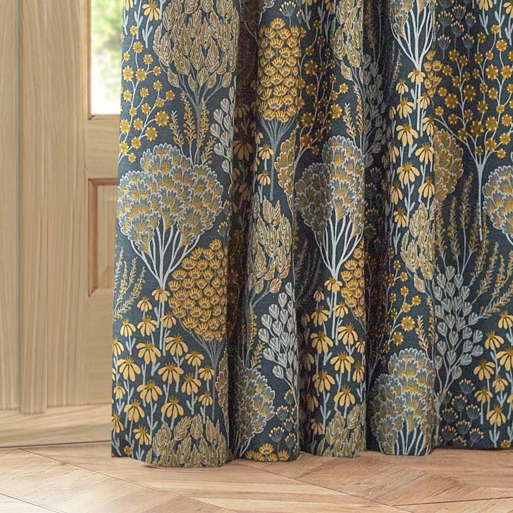 Wylder Curtains Ophelia Floral Jacquard Pencil Pleat Curtains in Blue/Saffron - 229 x 229cm (90 in x 90in)