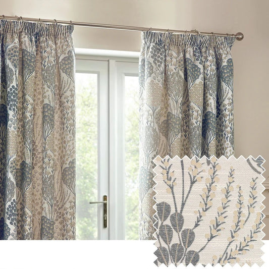 Wylder Curtains Ophelia Floral Jacquard Pencil Pleat Curtains in Wedgewood - 229 x 229cm (90 in x 90in)