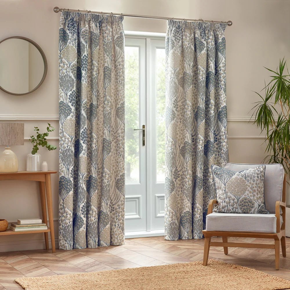 Wylder Curtains Ophelia Floral Jacquard Pencil Pleat Curtains in Wedgewood - 229 x 229cm (90 in x 90in)