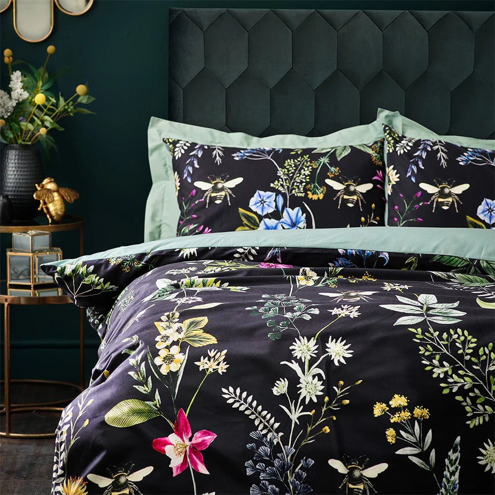 Wylder Interior Design Range Midnight Bee Floral Velvet Duvet Cover Set in Black
