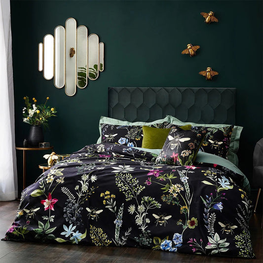 Wylder Interior Design Range Midnight Bee Floral Velvet Duvet Cover Set in Black