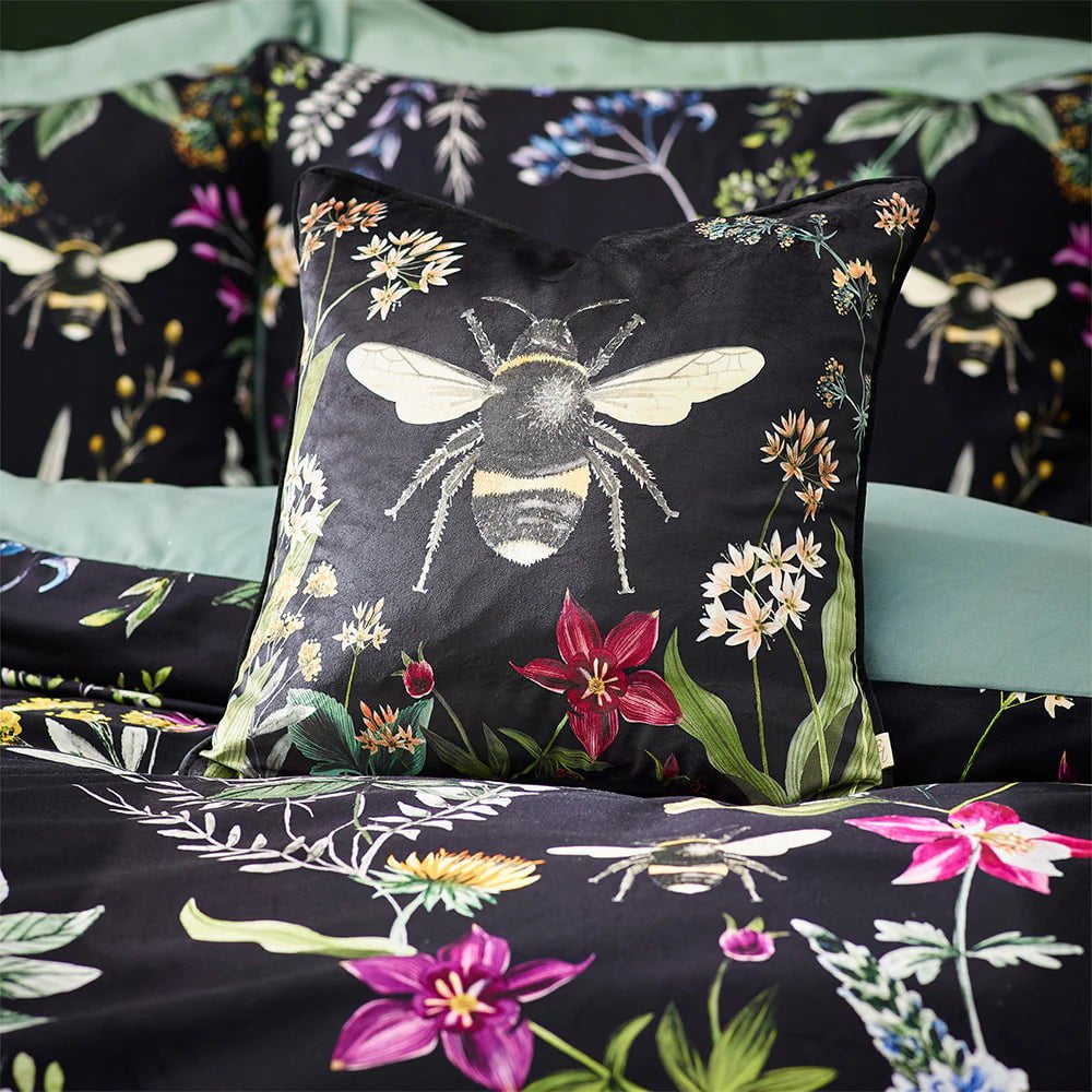 Wylder Interior Design Range Midnight Bee Floral Velvet Duvet Cover Set in Black