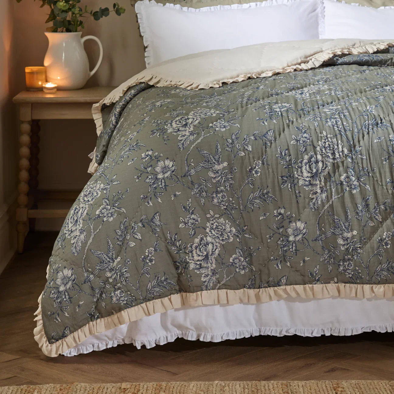 Wylder (Riva Home) Bedspread Moss / 150cm x 200cm HERMIONE RUFFLED COTTON BEDSPREAD by Wylder