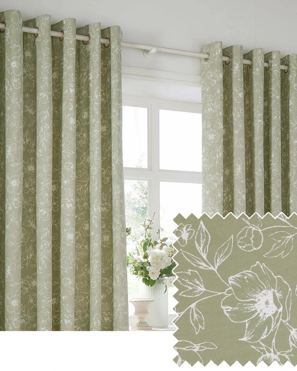 Bella Floral 100% Cotton Lined Eyelet or Pencil Pleat Curtains Sage by Wylder