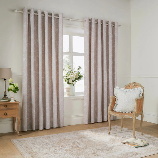 Bella Floral 100% Cotton Lined Eyelet or Pencil Pleat Curtains Natural by Wylder