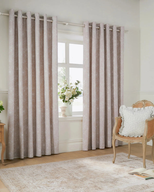 Bella Floral 100% Cotton Lined Eyelet or Pencil Pleat Curtains Natural by Wylder