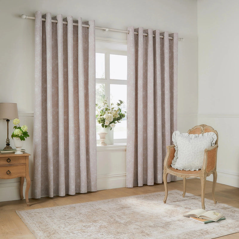 Bella Floral 100% Cotton Lined Eyelet or Pencil Pleat Curtains Natural by Wylder