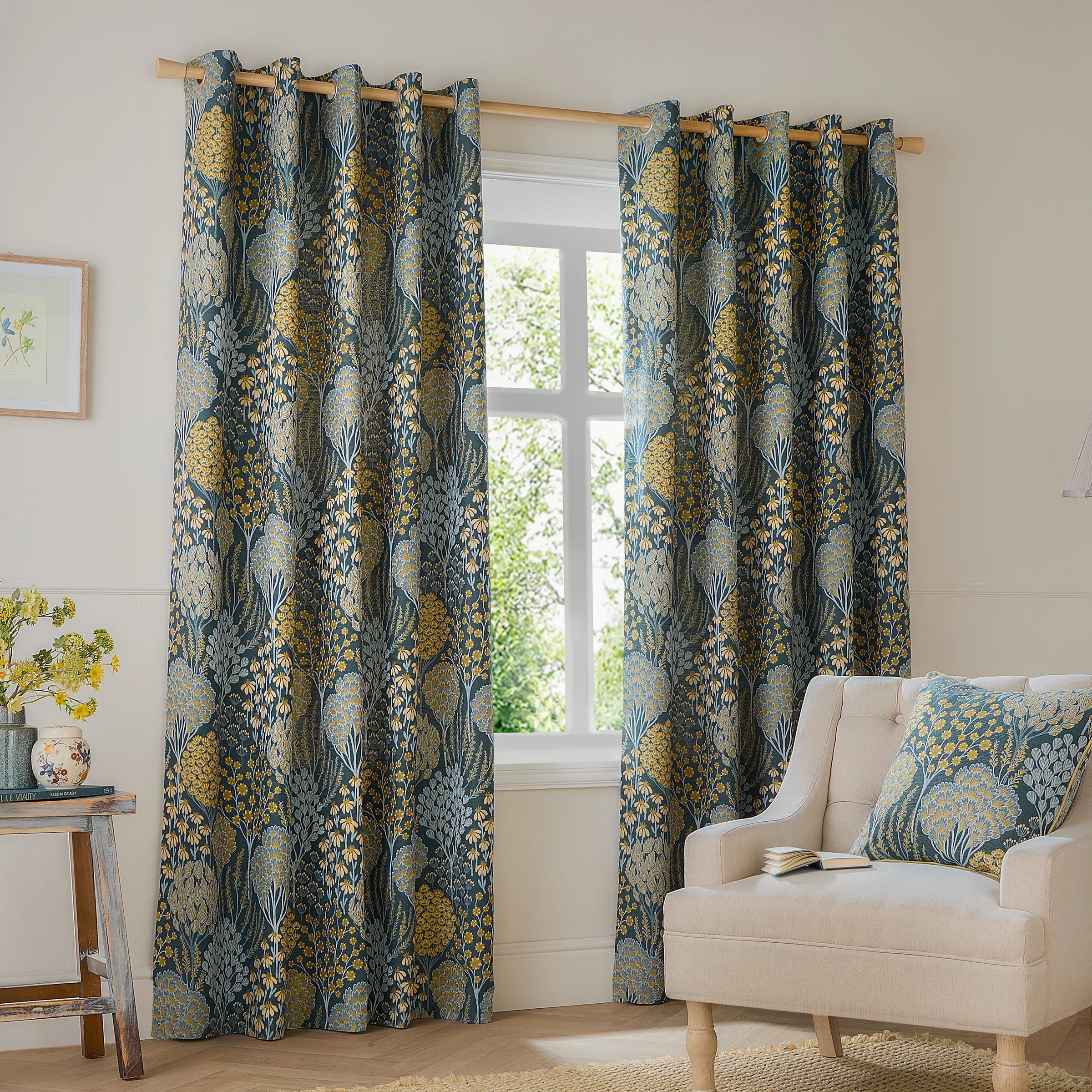 Wylder (Riva Home) Curtains Eyelet / 66in x 72in (168cm x 183cm) / Blue/Saffron OPHELIA FULLY LINED JACQUARD FLORAL CURTAINS  by Wylder